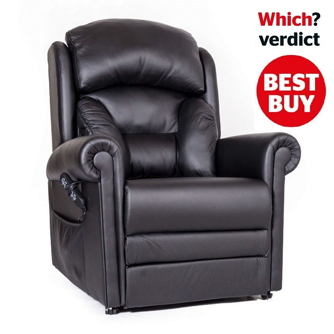 Black leather recliner chair with 'Which? verdict BEST BUY' label on a white background