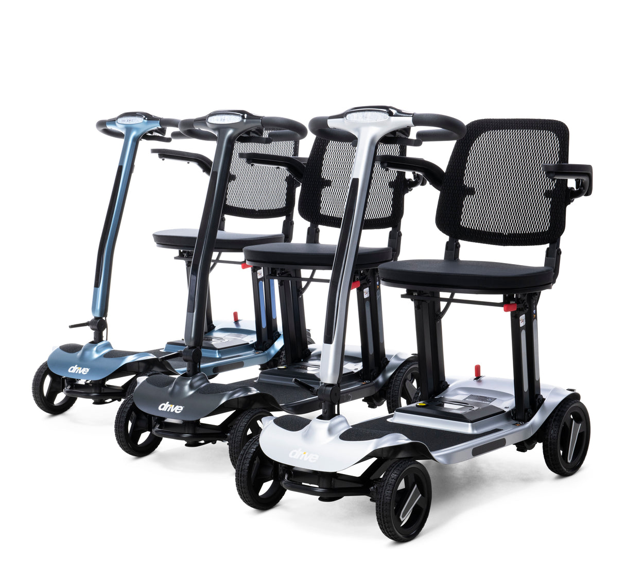 Row of mobility scooters with seats on a white background