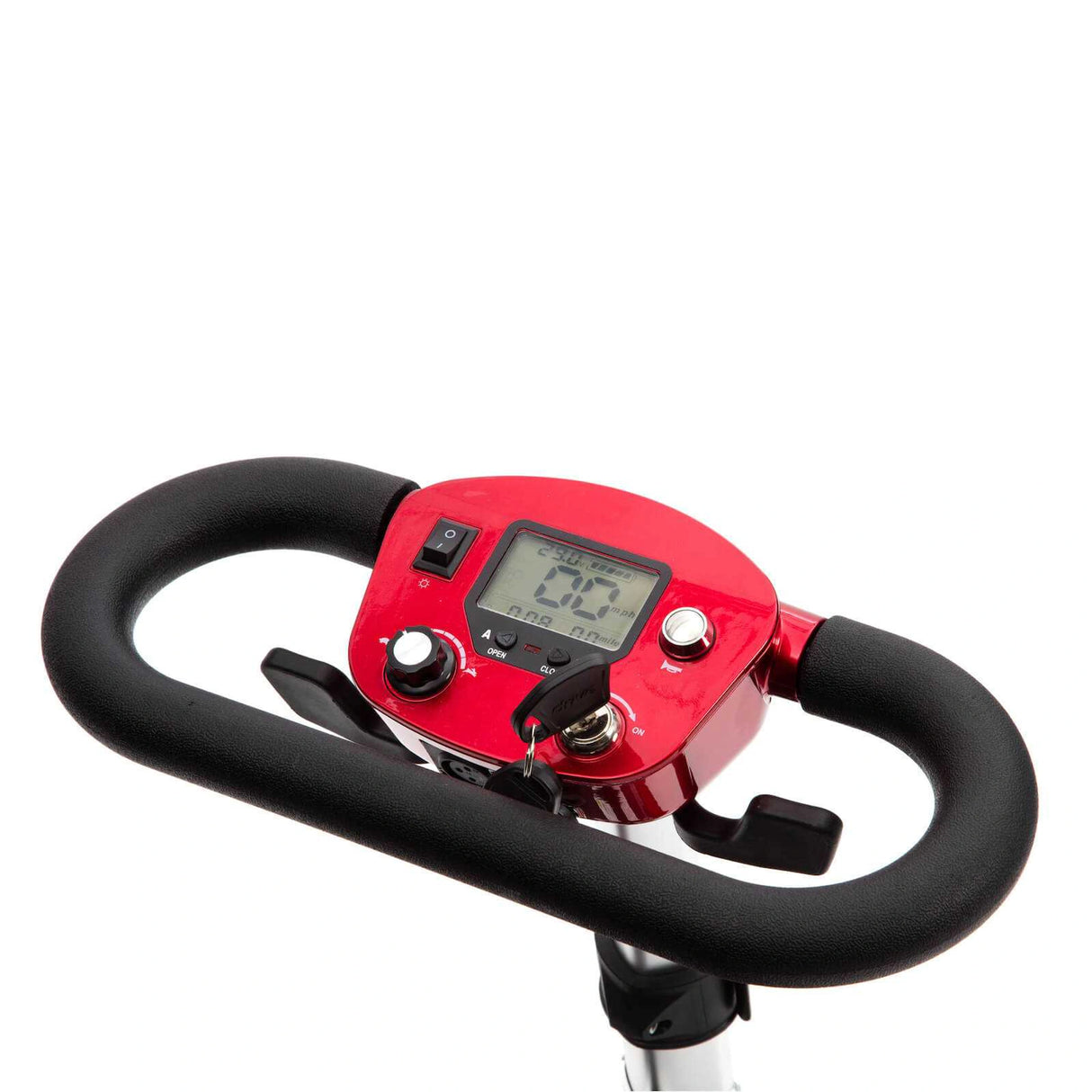 Red mobility scooter handlebar with digital display on a white background