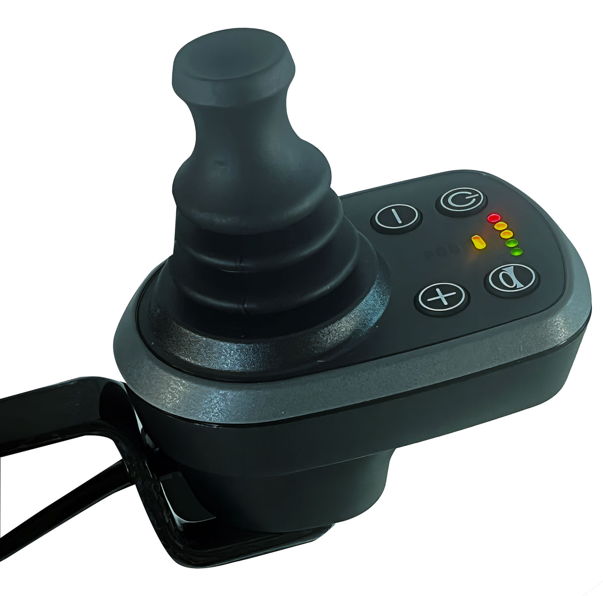 Joystick controller with control buttons on a white background