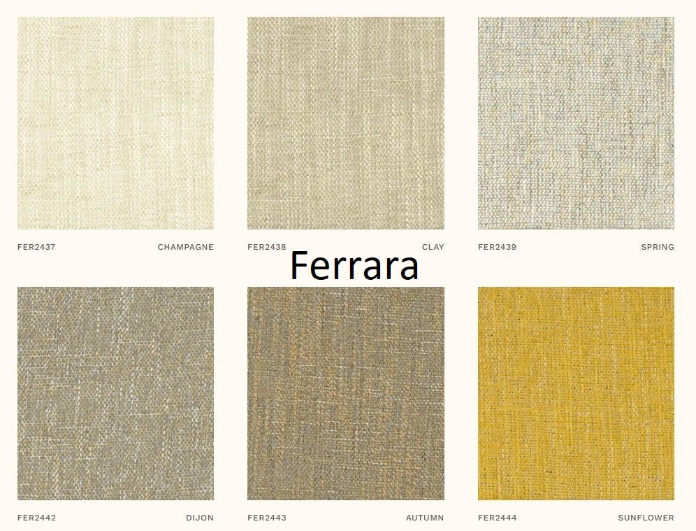 Colour swatches of 'Ferrara' fabric collection with names and codes.
