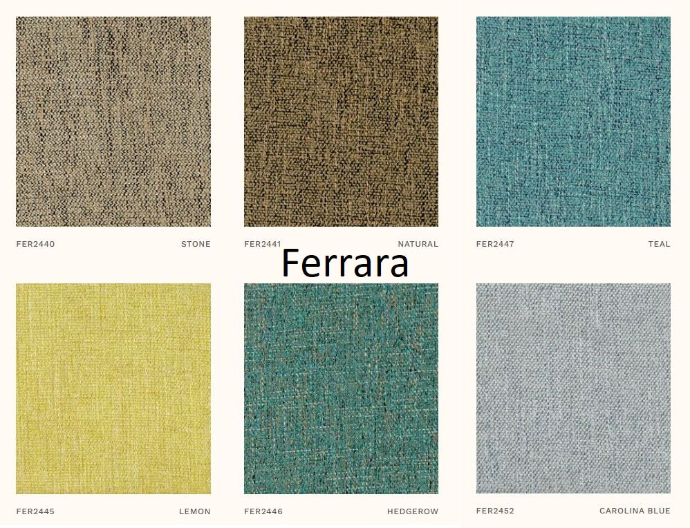 Colour swatches of 'Ferrara' fabric collection with names and codes.