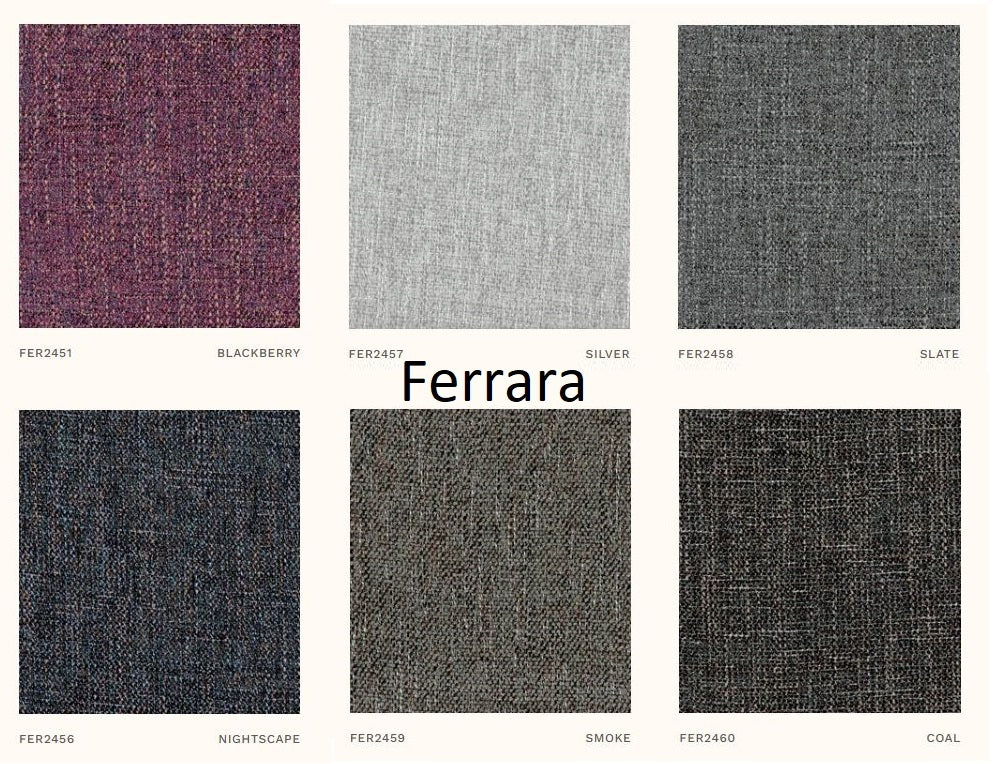 Colour swatches of 'Ferrara' fabric collection with names and codes.