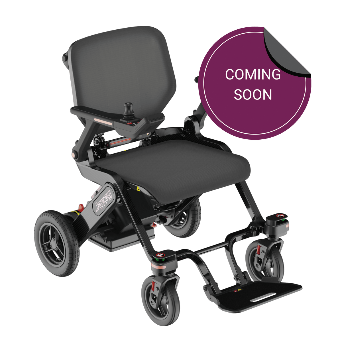 powerchair with 'Coming Soon' label on a transparent background