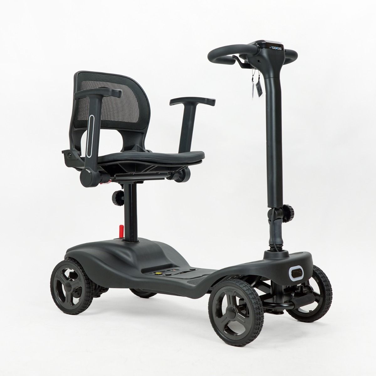Black mobility scooter with seat and handlebar on a white background