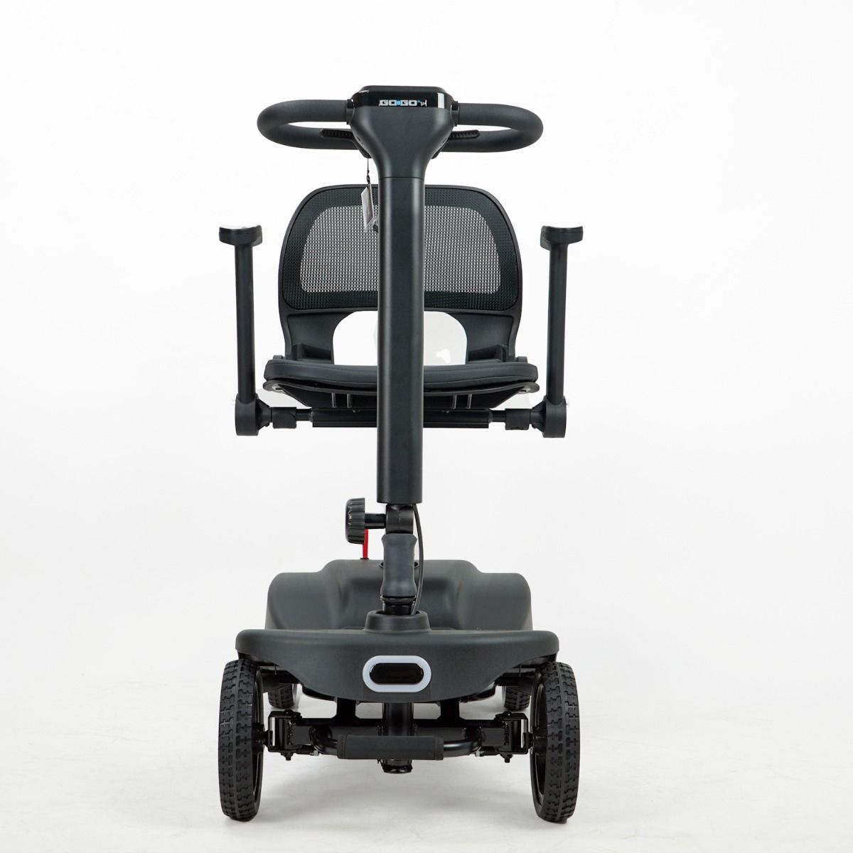 Black mobility scooter with a seat on a white background