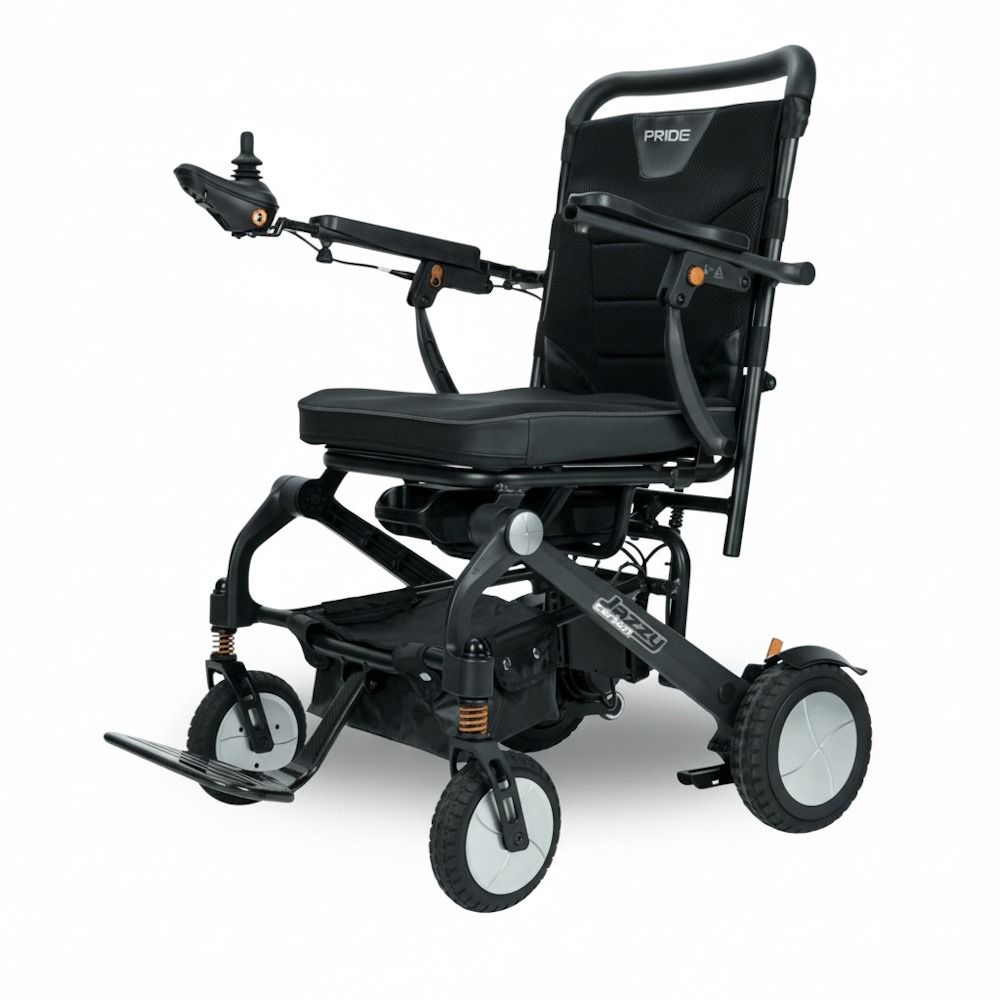 Black electric wheelchair with 'Pride' branding on a white background