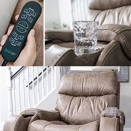 Atlas Leather Rise Recliner Chair head and lumbar support and wireless charging-Mushroom