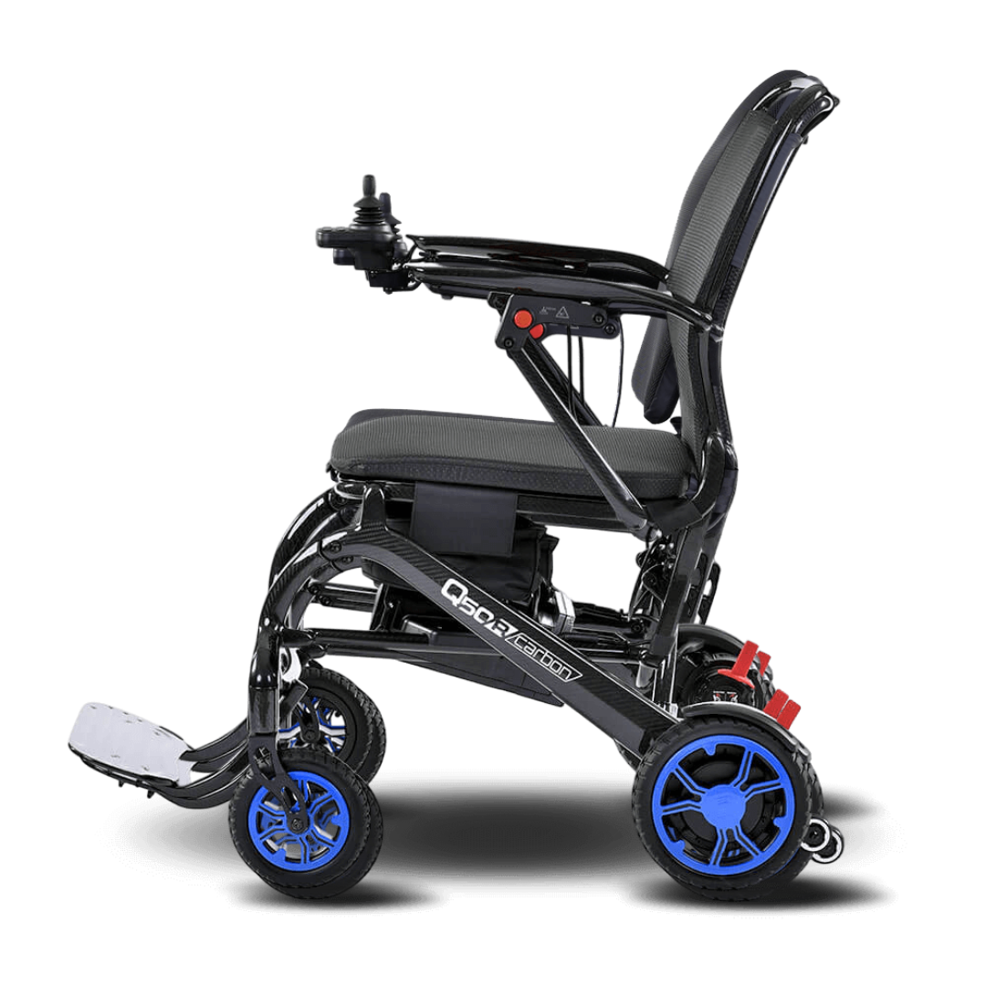 Black and red power wheelchair with blue wheels on a transparent background