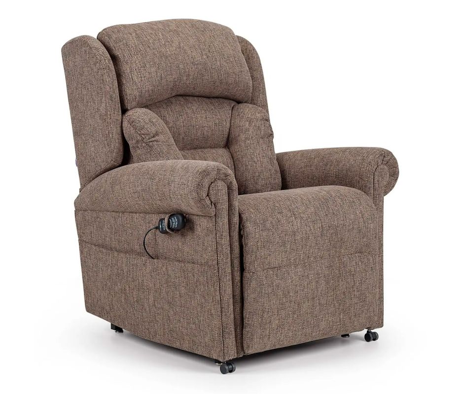Brown upholstered recliner chair with control panel on a white background