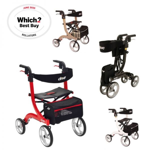 Four different types of rollators on a white background with 'Which?' Best Buy Rollators' label.