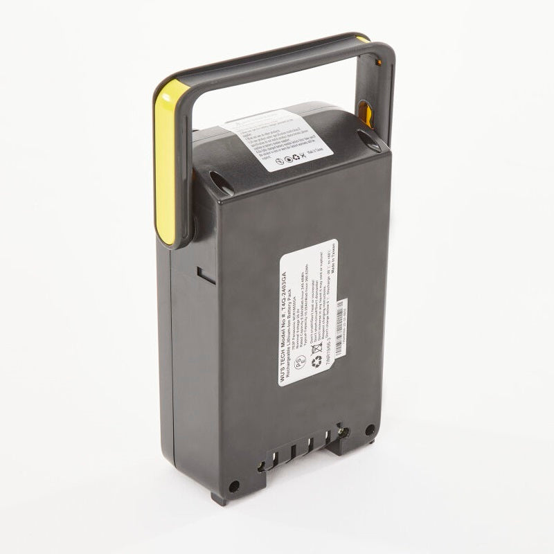 Gray battery pack with yellow handle on a white background