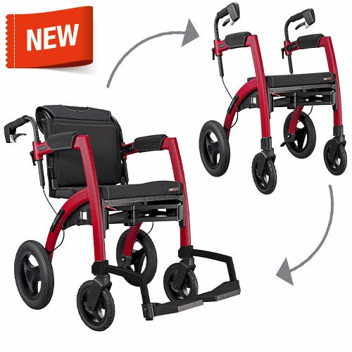 Red and black wheelchair and rollator with 'NEW' label on a white background