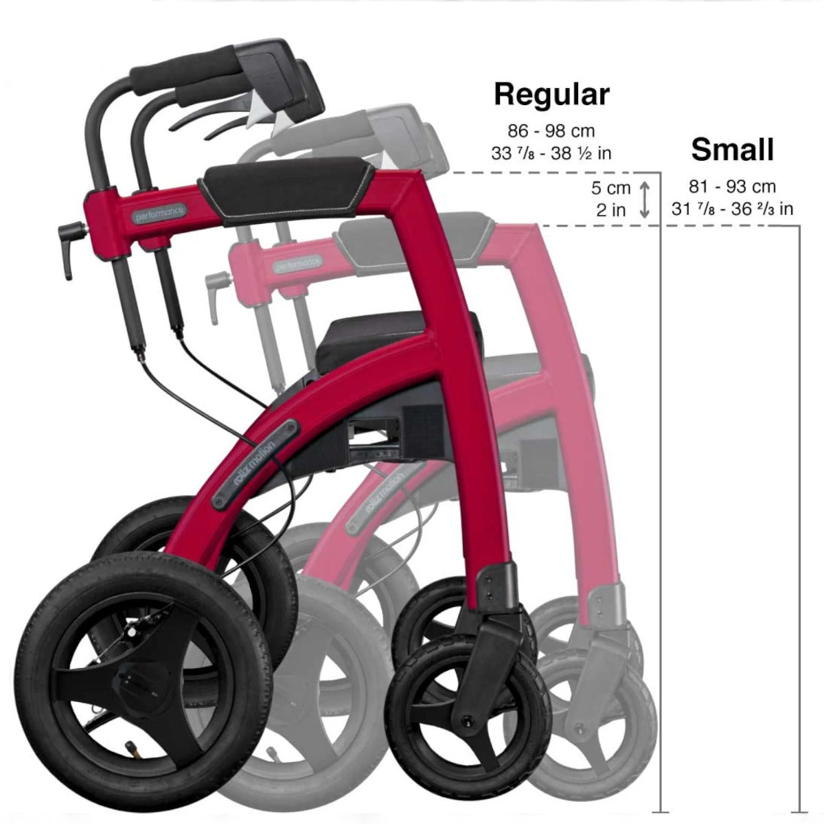 Red and gray rollator with size comparison chart on a white background