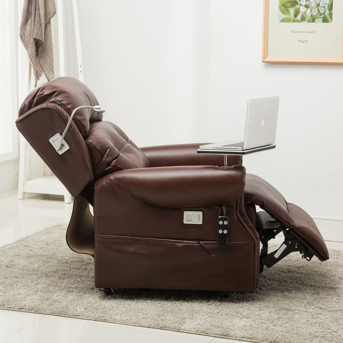 Stanbury Leather dual motor riser recliner chair with table, USB and lamp - Reclined - Side View
