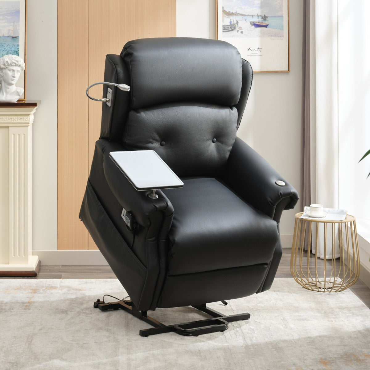 Stanbury Leather dual motor riser recliner chair with table, USB and lamp