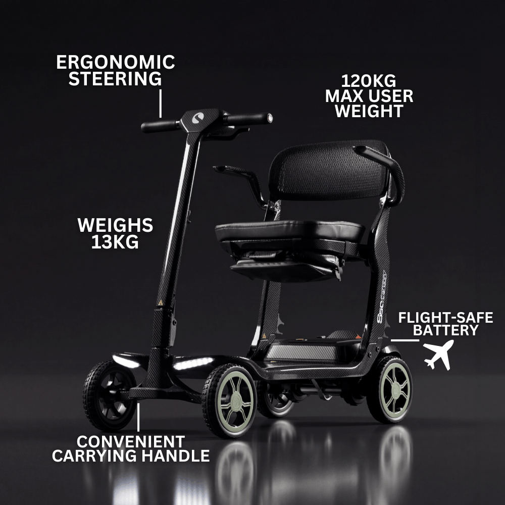 Sterling S50 Carbon Fibre Ultralight Travel Mobility Scooter and travel case