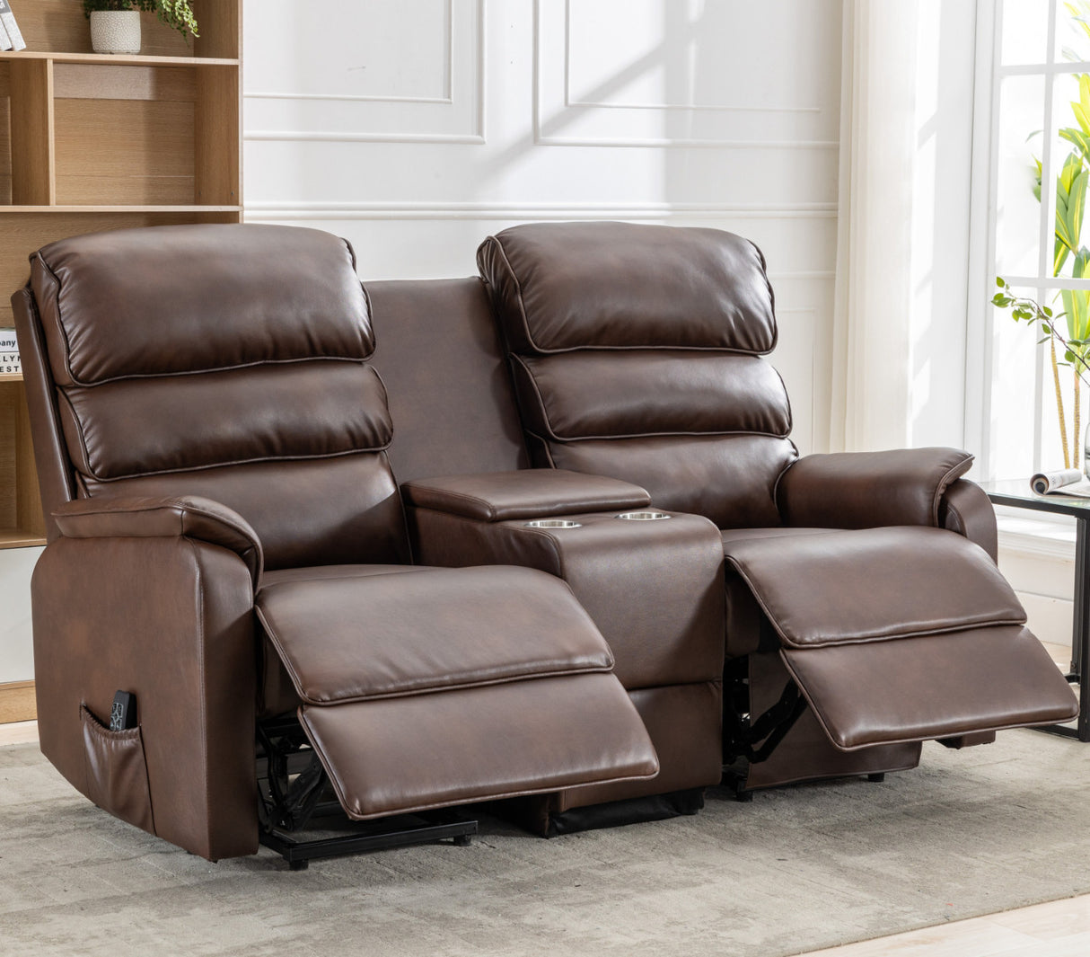 Thornton 2 Seater Dual Motor Riser Recliner Sofa with Centre Console - Brown PU