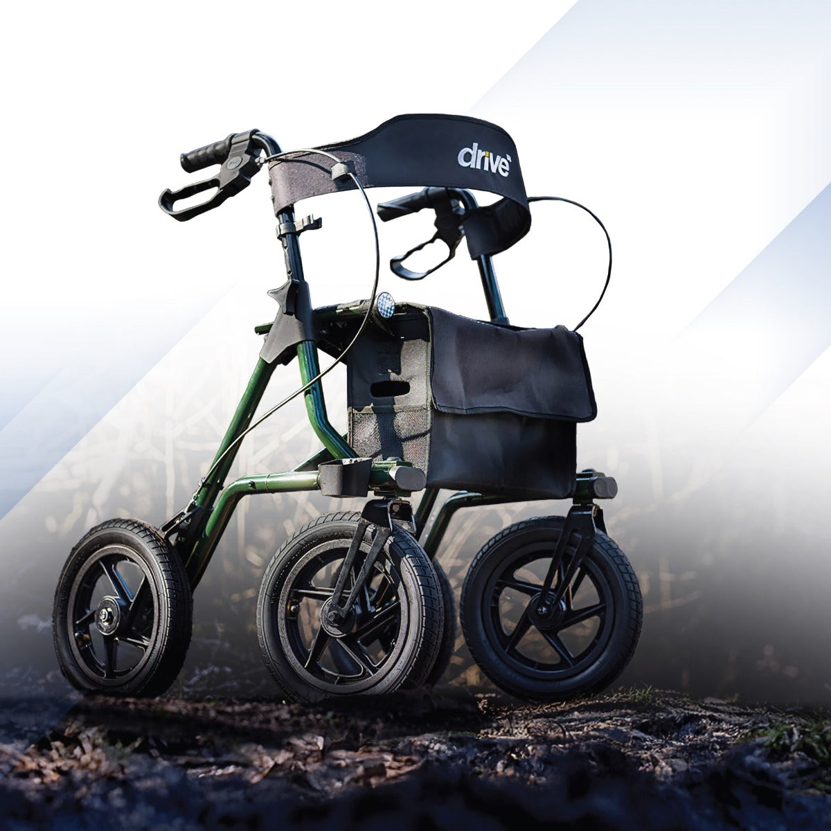 rollator with 'Drive' branding on a blurred natural background