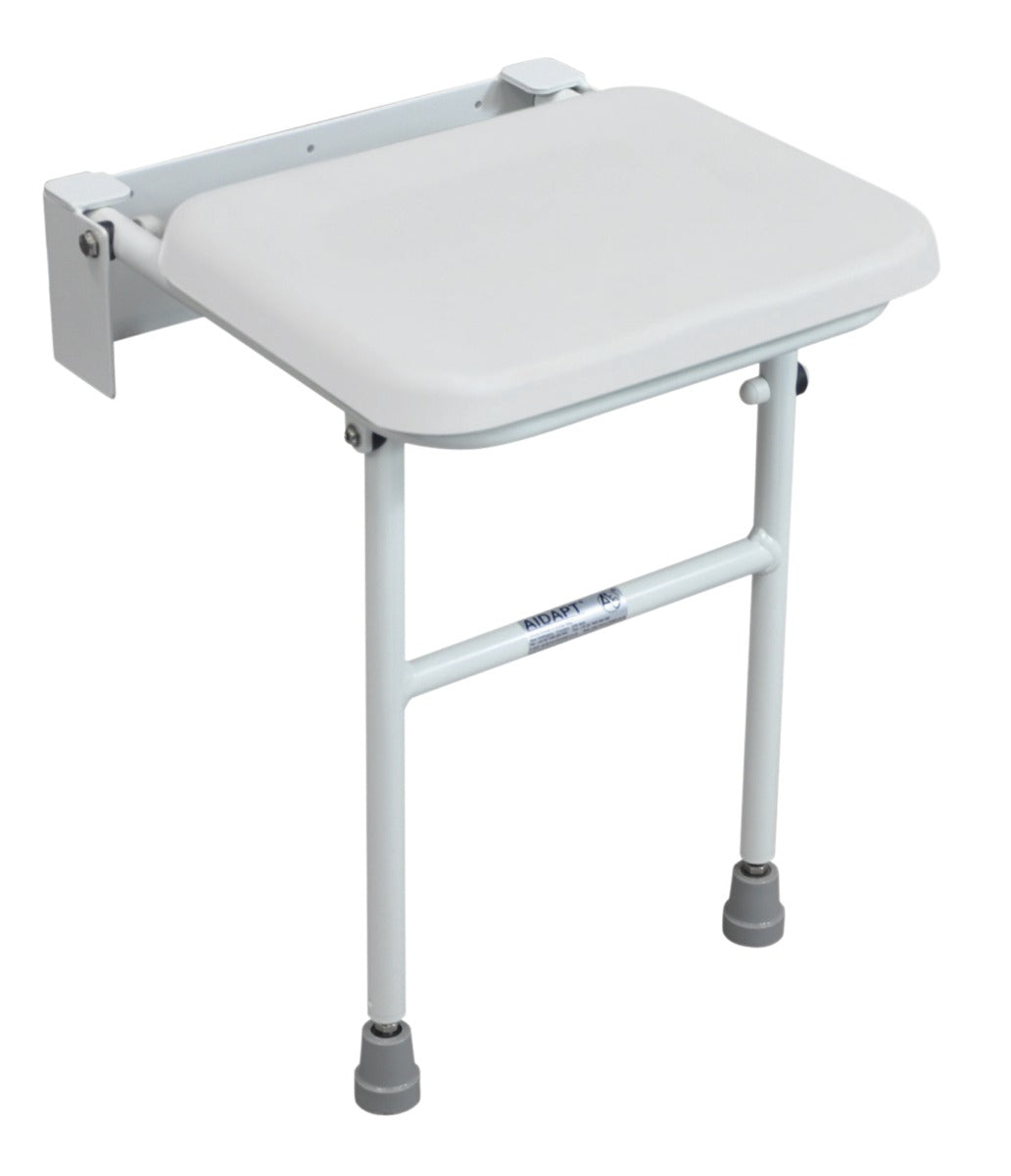 Fold down padded shower seat with adjustable legs