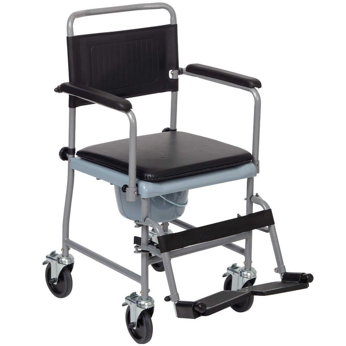 Wheeled commode chair with brakes and padded seat