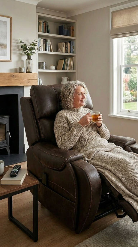 Elderly woman relaxing in a brown leather riser recliner chair with extended footrest in a cosy living room.