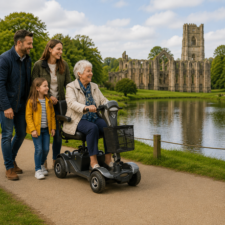 Mobility scooter walks in Yorkshire with an older woman and her family enjoying an accessible countryside route beside historic abbey ruins.