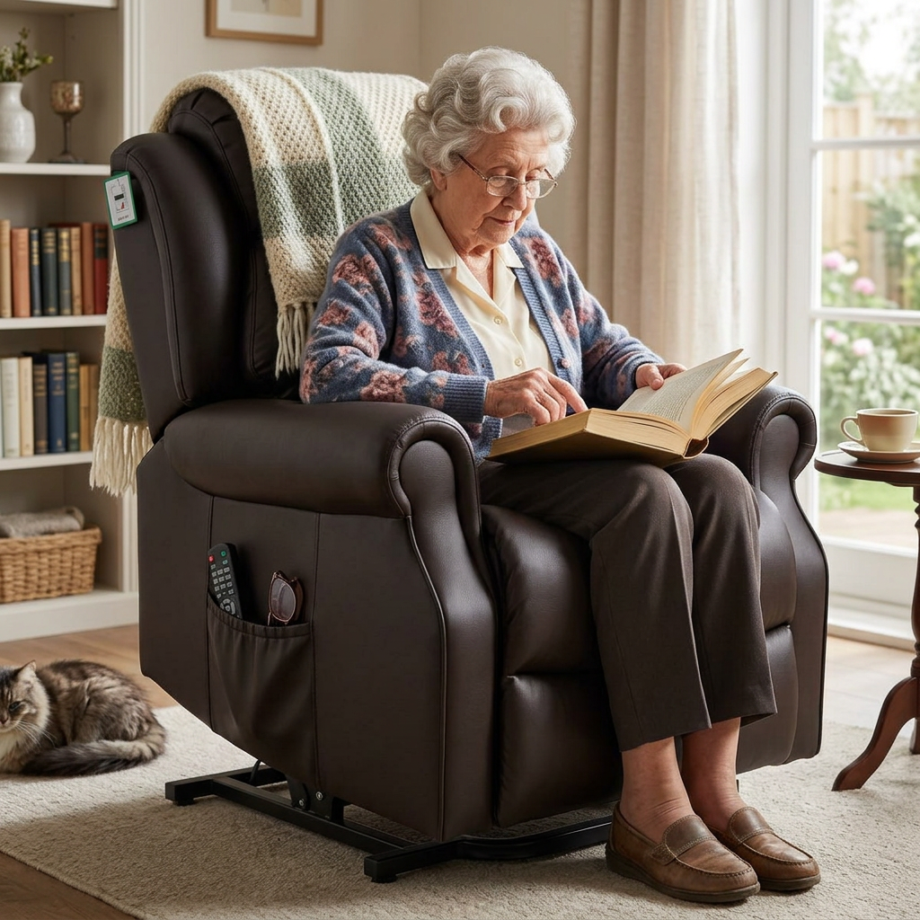 Bariatric recliner chair with rise and recline function, providing enhanced comfort, support and easy standing assistance for older adults in a cosy living room.