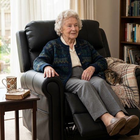 Elderly woman relaxing in a comfortable riser recliner chair with an extended footrest, demonstrating the support and convenience of riser recliner chairs for the elderly in a cosy home setting.