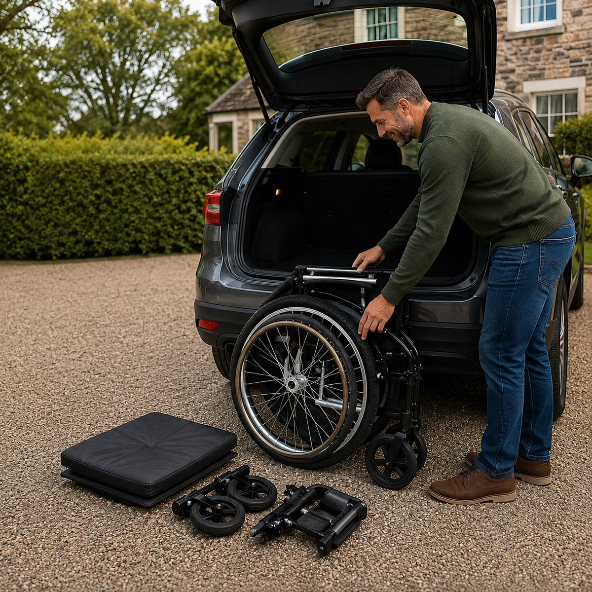 Folding wheelchairs that fit in your car, showing a man loading a compact folding wheelchair into the boot of a car.