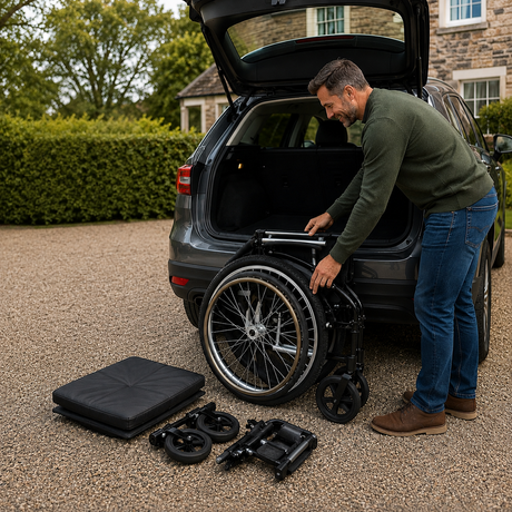 Folding wheelchairs that fit in your car, showing a man loading a compact folding wheelchair into the boot of a car.