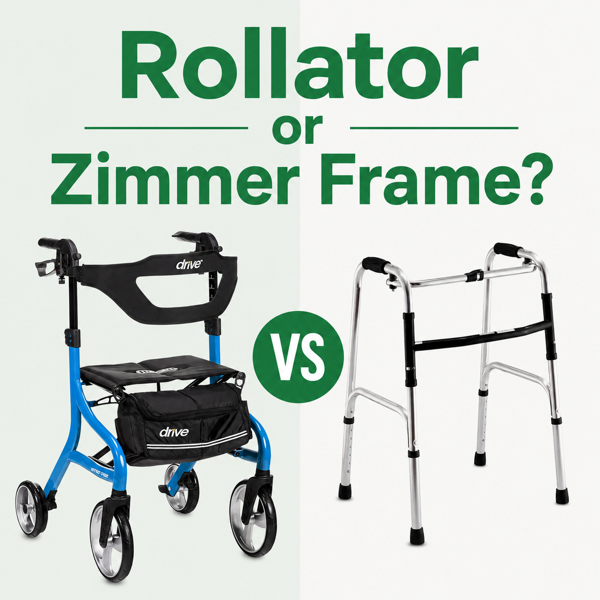 Rollator vs Zimmer frame comparison showing a wheeled rollator with seat and storage alongside a traditional walking frame.