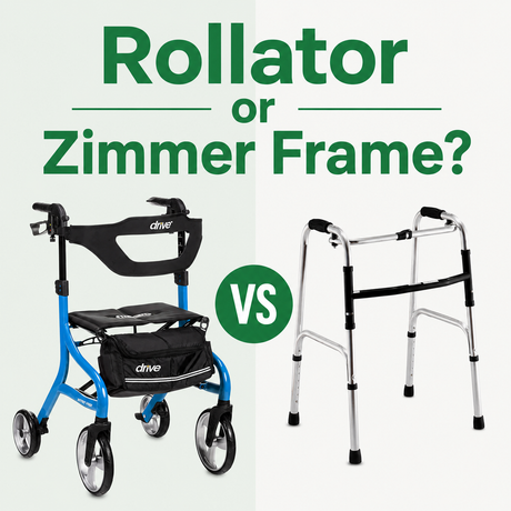 Rollator vs Zimmer frame comparison showing a wheeled rollator with seat and storage alongside a traditional walking frame.