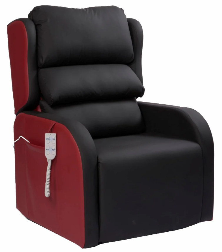 Large recliner chair in black and red upholstery with padded backrest and armrests, featuring a side pocket and remote control