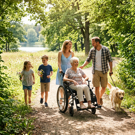 Family enjoying a walk in the countryside with an older woman using an outdoor wheelchair, highlighting comfort, mobility and independence on accessible paths.