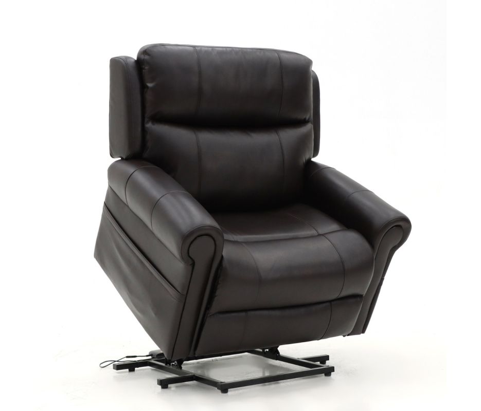 A dark brown leather bariatric recliner chair with a rise-and-recline function, featuring padded arms and backrest, shown slightly tilted forward to assist with standing.