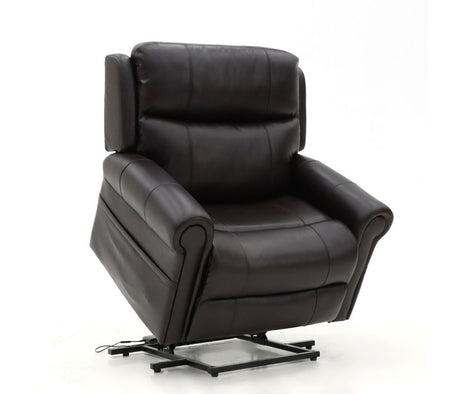 A dark brown leather bariatric recliner chair with a rise-and-recline function, featuring padded arms and backrest, shown slightly tilted forward to assist with standing.