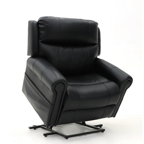 Wide seat recliner in black leather with padded armrests, supportive high back and rise-and-recline functionality for maximum comfort.