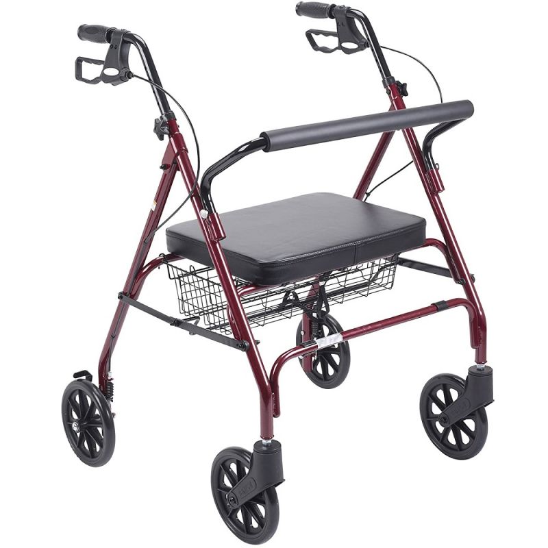 Heavy-duty bariatric mobility aid with four large wheels, cushioned seat, ergonomic hand brakes, and under-seat storage basket, designed for enhanced support and comfort.