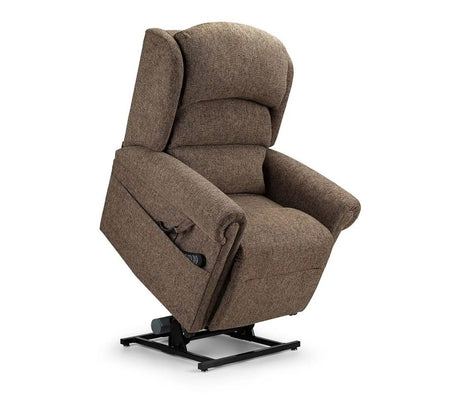 Comfortable brown fabric recliner chair with padded backrest and armrests, designed as a supportive and easy-to-use option for recliner chairs for elderly users