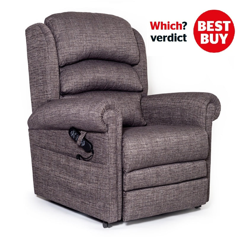 Brown fabric electric recliner chair with padded cushions and remote control, rated among the best electric recliner chairs in the UK.