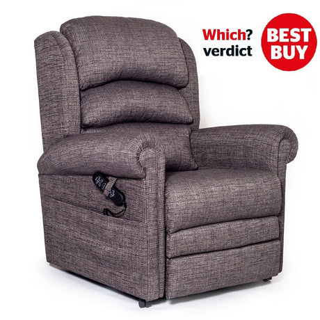 Brown fabric electric recliner chair with padded cushions and remote control, rated among the best electric recliner chairs in the UK.