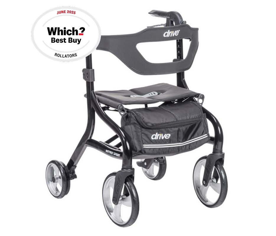 Drive Nitro Sport lightweight rollator with seat, featuring large front wheels, ergonomic handles, and a built-in storage pouch for mobility and comfort on the go.