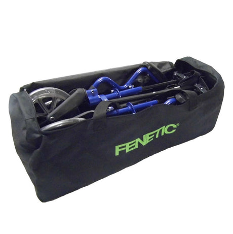 Foldable mobility wheelchair with blue frame stored inside a black Fenetic carry bag, designed for travel and easy transport of folding wheelchairs.
