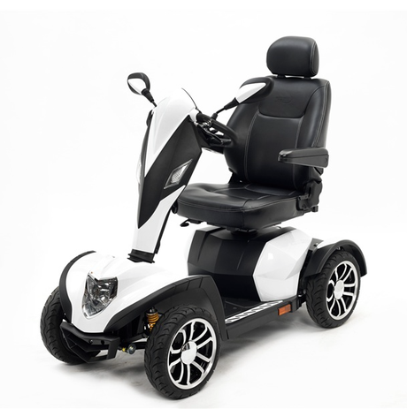 Modern four-wheeled mobility scooter with padded seat and sturdy tyres, used to illustrate how long does a mobility scooter battery last.