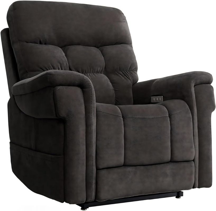 Dark grey massage recliner chair with plush cushioning, padded armrests, and built-in control panel for adjustable reclining and massage functions.