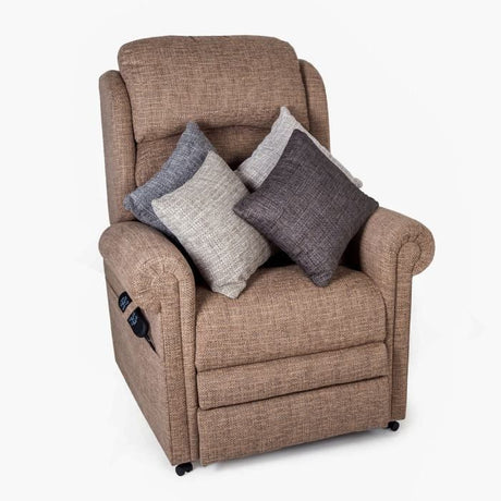 Comfortable brown recliner chair for elderly parents, featuring padded armrests, a footrest, and neutral-toned scatter cushions for extra support and style.