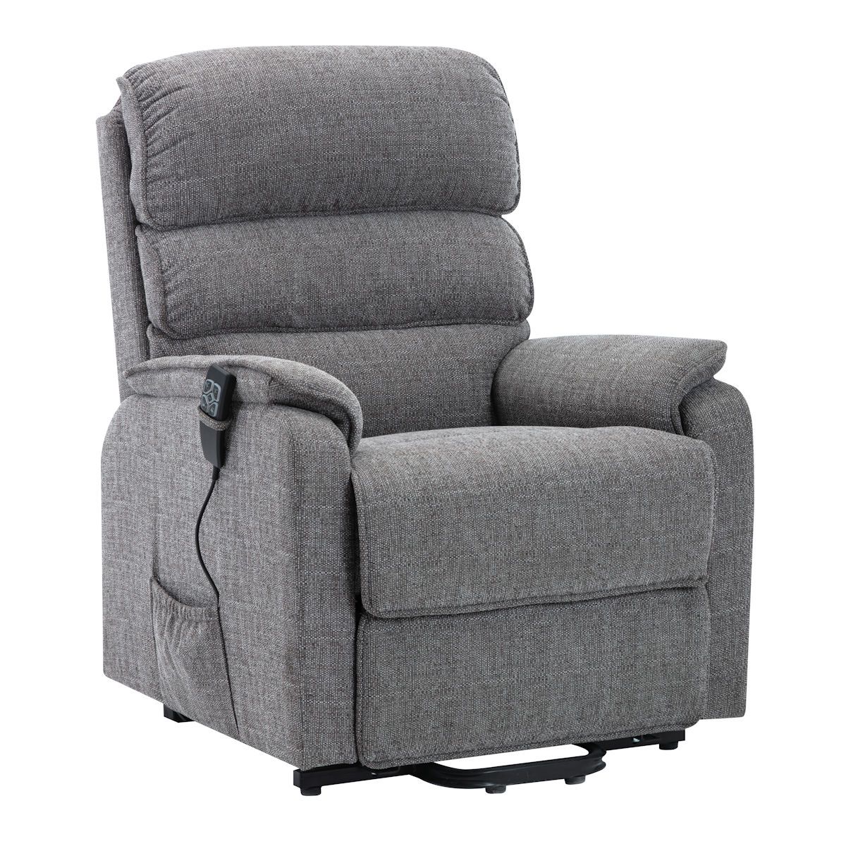 Grey fabric recliner massage chair with padded cushions and remote control, designed for comfort and relaxation.
