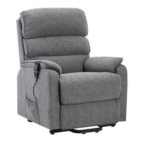Grey fabric recliner massage chair with padded cushions and remote control, designed for comfort and relaxation.