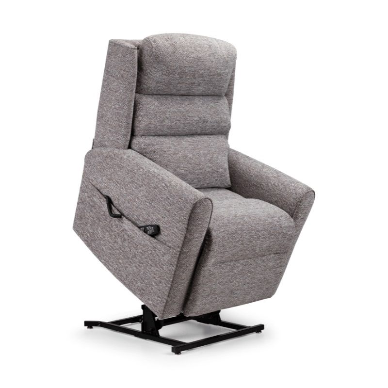 Electric recliner chair in textured grey fabric with lift-and-rise function, offering comfort and support for easier sitting and standing.